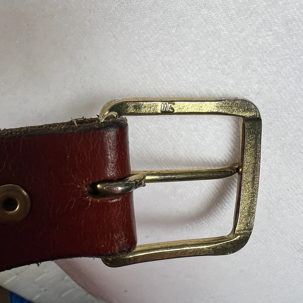 Unisex Cognac Brown Leather Belt Brass Buckle‎ Classic Casual Dress Work Size 38